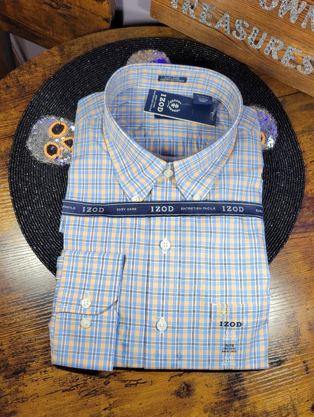 Izod Men’s Blue and Tan Plaid Button-Down Shirt long sleeve